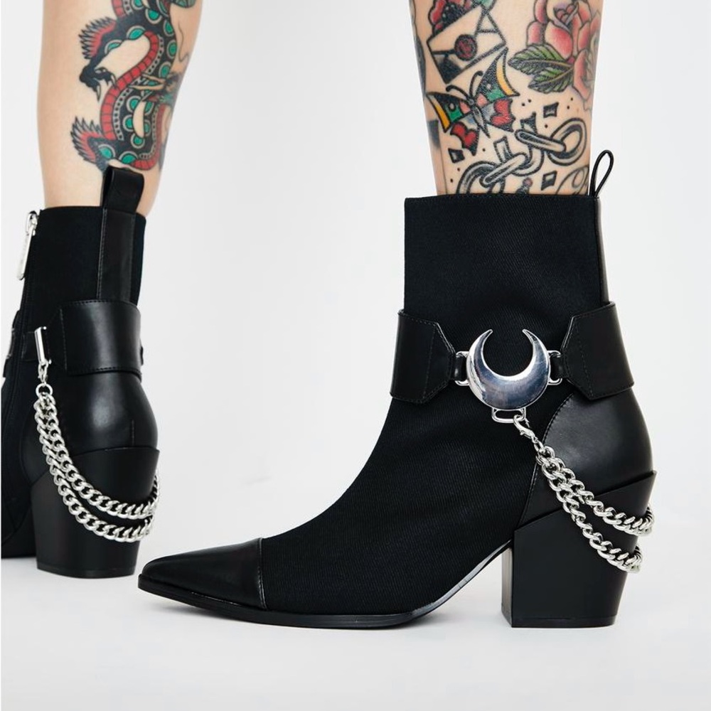 Killstar Black Ankle Boots with Silver Crescent Accent